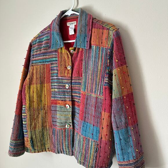 Travel Smith Vintage Jacket Womens Large BOHO Woven 90s Patchwork Rug Colorblock - Picture 7 of 11